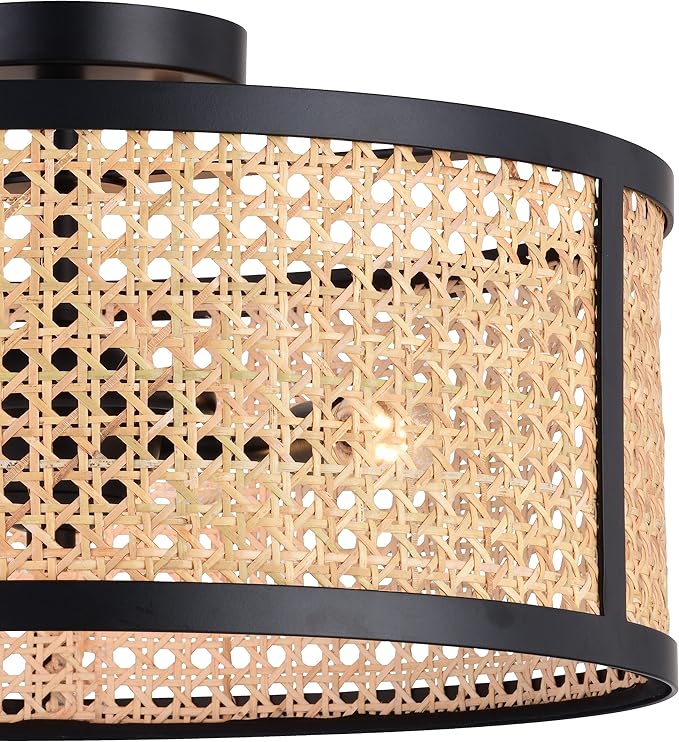 VAXCEL Berens 15.5-in W Matte Black Modern Farmhouse Drum Semi Flush Mount Ceiling Light with Rattan Cane Shade