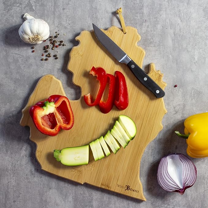Totally Bamboo Michigan State Shaped Cutting Board and Charcuterie Serving Platter with Artwork by Fish Kiss, Includes Hang Tie for Wall Display
