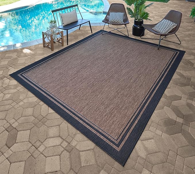 Gertmenian Indoor/Outdoor Flatweave Area Rug - 8x10 Large, Stain & UV Resistant, Ideal For Deck, Patio, Poolside, Mudroom - Simple Border, Black, 21359