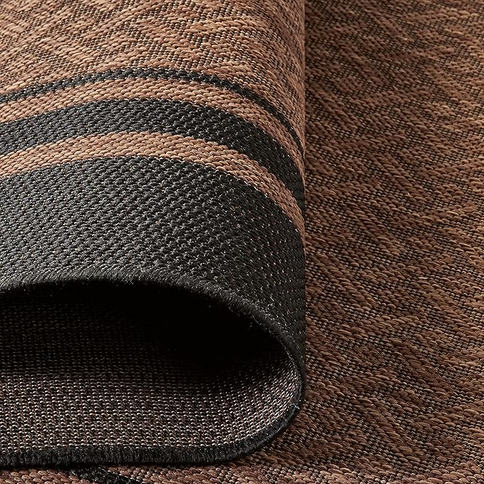 Gertmenian Indoor/Outdoor Flatweave Area Rug - 9x13 Extra Large, Stain & UV Resistant, Ideal For Deck, Patio, Poolside, Mudroom - Simple Border, Black/Nut Brown, 21993