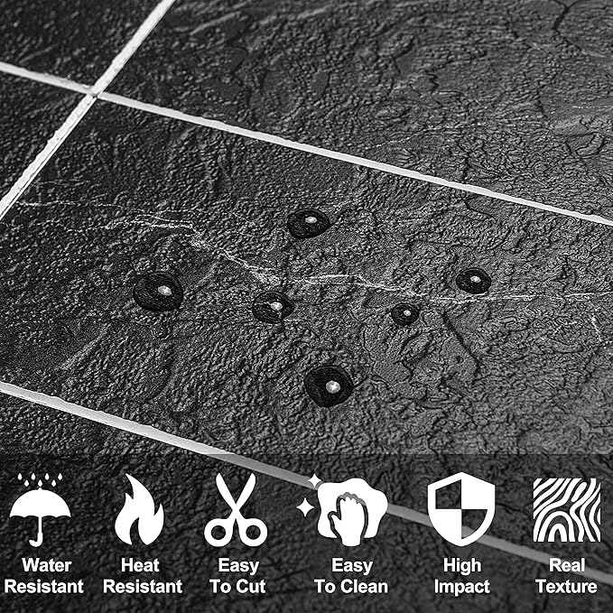 AULIGET 100 Piece Faux Stone Backsplash Peel and Stick PVC Tile, 3 Inch x 6 Inch Black Marble with White Grout Stick on Tiles for Backsplash Kitchen, Bathroom, Laundry Room, Camper, Fireplace
