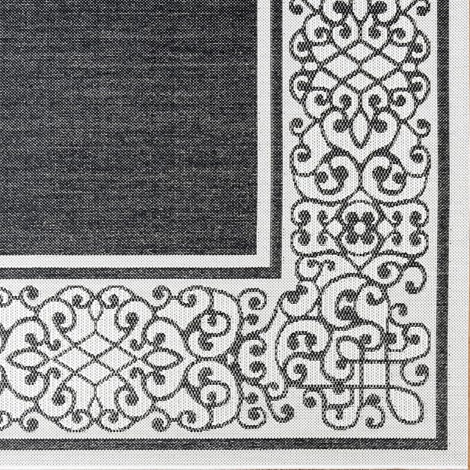 Gertmenian Indoor/Outdoor Flatweave Area Rug - 6x9 Medium, Stain & UV Resistant, Ideal For Deck, Patio, Poolside, Mudroom - Abstract Border, Black White, 22945