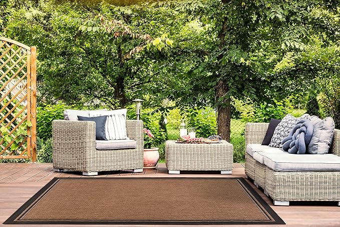 Gertmenian Indoor/Outdoor Flatweave Area Rug - 9x13 Extra Large, Stain & UV Resistant, Ideal For Deck, Patio, Poolside, Mudroom - Simple Border, Black/Nut Brown, 21993
