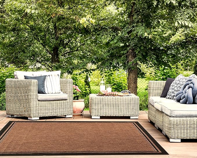 Gertmenian Indoor Outdoor Classic Flatweave Area Rug, Stain & UV Resistant Carpet, Deck, Patio, Poolside & Mudroom, 8x10 Ft Large, Border, Black Tan, 21515