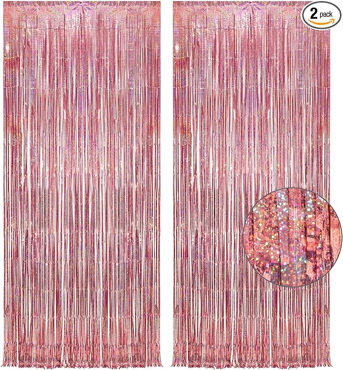 Rose Gold Tinsel Party Backdrop - GREATRIL Foil Fringe Curtain Party Photo Booth Backdrop for Birthday Women Bride Theme Decorations - 1m x 2.5m - Pack of 2