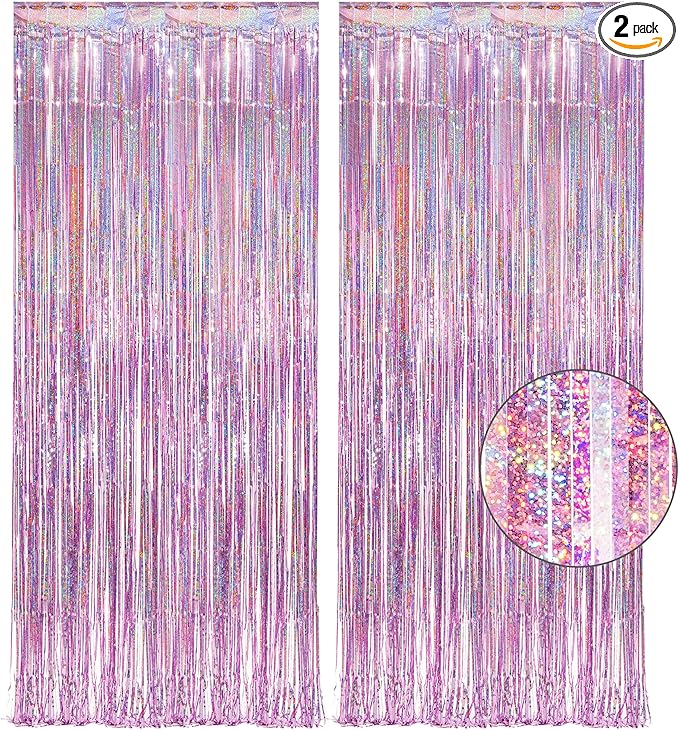 Pink Tinsel Curtain Party Backdrop - GREATRIL Foil Fringe Curtain Lilac Pink Party Streamers for Birthday Girl Themed Party Decorations - 2 Packs
