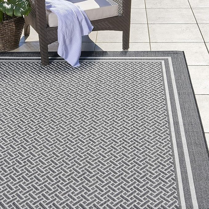 Gertmenian Indoor/Outdoor Flatweave Area Rug - 8x10 Large, Stain & UV Resistant, Ideal for Deck, Patio, Poolside, Mudroom - Border, Black and White, 22257