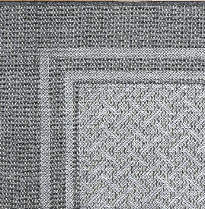 Gertmenian Indoor/Outdoor Flatweave Area Rug - 9x13 Extra Large, Stain & UV Resistant, Ideal For Deck, Patio, Poolside, Mudroom - Simple Border, Silver Grey, 21978