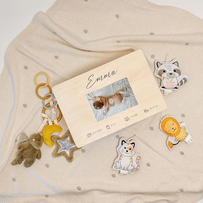 Creative Deco Personalized Wooden Storage Box Baby Memory Box | 11.8x7.87x5.51in (+-0.5) | Photo & Text | Lid Handles Engraving | Birth & Baptism | Gift Box | Rough UNSANDED Keepsake Souvenir Chest