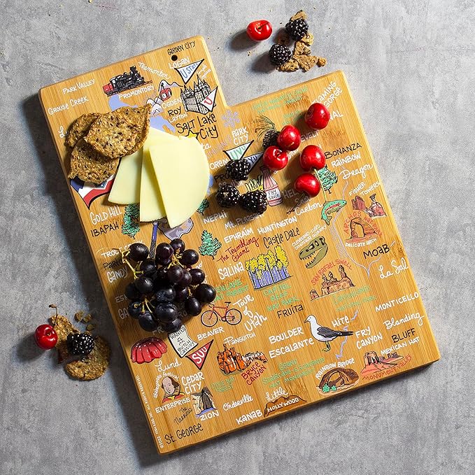 Totally Bamboo Utah State Shaped Cutting Board and Charcuterie Serving Platter with Artwork by Fish Kiss, Includes Hang Tie for Wall Display