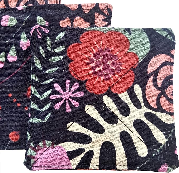 CUSHYSTORE Canvas 2 Layers Coasters Saucers Absorbant Mat Pad Floral Botanical Style Fabric for Glass Cup Drinking 4inche, 6 Pack (Navy Exotic Flowers), Navy Blue
