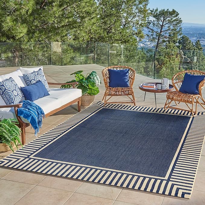 Gertmenian Indoor/Outdoor Flatweave Area Rug - 9x13 Extra Large, Stain & UV Resistant, Ideal for Deck, Patio, Poolside, Mudroom - Klano Striped Navy, Sand, 25418