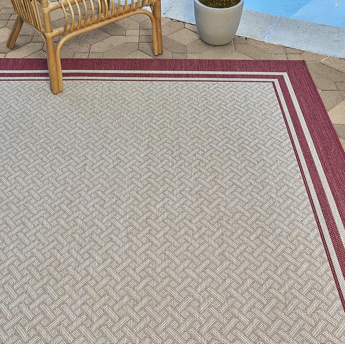 Gertmenian Indoor Outdoor Classic Flatweave Area Rug, Stain & UV Resistant Carpet, Deck, Patio, Poolside & Mudroom, 6x9 Ft Medium, Simple Border, Red Tan, 22226