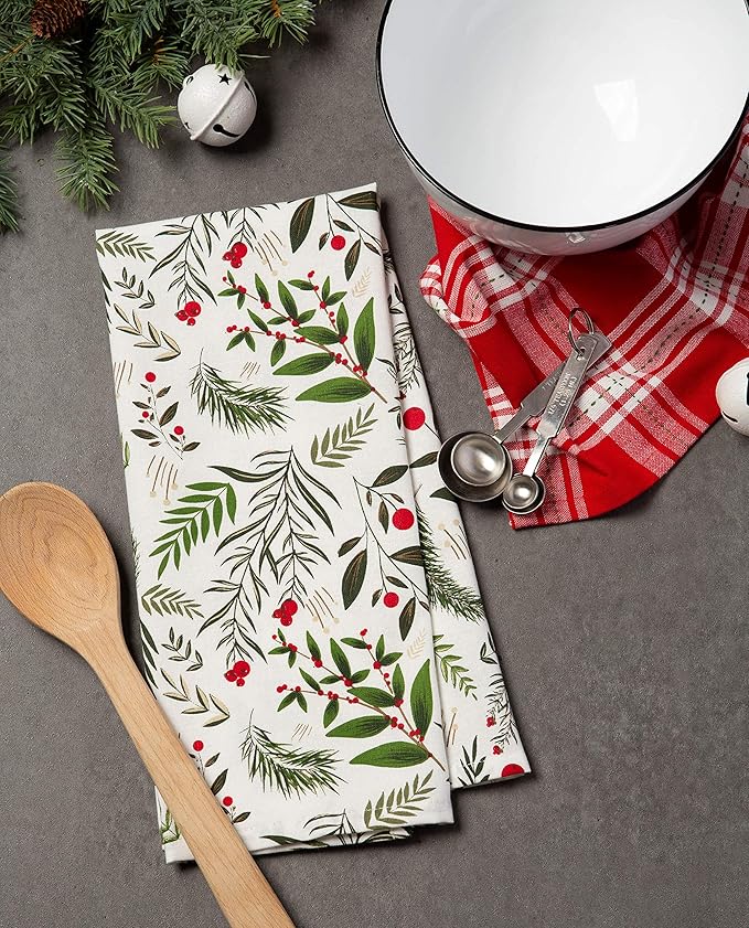 DII Christmas Kitchen Towel Set, Floral Tea Towels for Baking, Cleaning, Entertainment & Cooking, 18x28, Boughs of Holly, 2 Piece