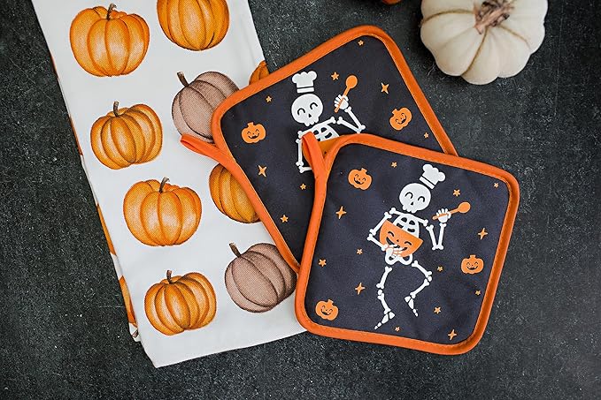 Pearhead Halloween Skeleton Chef Pot Holders Set of 2, Heat-Resistant Kitchen Hot Pads with Hanging Loops, Spooky Pumpkin Design for Cooking, Baking, Serving, and Festive Autumn Holiday Décor