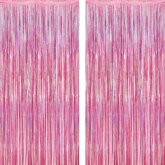 2 Pack Glitter Pink Backdrop, 3.28 FT x 7.05 FT Birthday Party Decorations, Laser Pink Fringe Curtains Foil Streamer Tinsel, Pink Curtains Photo Backdrop Happy Birthday Valentines Day Backdrop