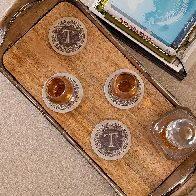 Thirstystone Monogram Letter T Natural Sandstone Coaster 4 Pack Manufactured in the USA Decorative Absorbent Easily Wipes Clean