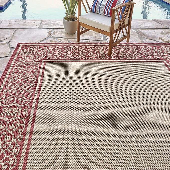 Gertmenian Indoor/Outdoor Flatweave Area Rug - 8x10 Large, Stain & UV Resistant, Ideal For Deck, Patio, Poolside, Mudroom - Abstract Border, Red Tan, 22967