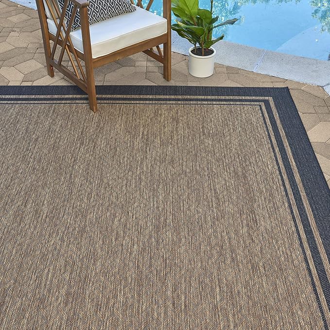 Gertmenian Indoor/Outdoor Flatweave Area Rug - 9x13 Extra Large, Stain & UV Resistant, Ideal For Deck, Patio, Poolside, Mudroom - Simple Border, Black/Tan, 22012