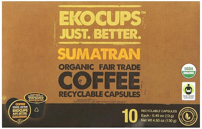 EKOCUPS Organic Sumatra Coffee Pods, Extra 30% More Coffee Per Cup, Fair Trade Dark Roast, Sumatran Reserve Blend for Keurig K Cup Machines, Recyclable Pods, 40 Count (Pack of 2)