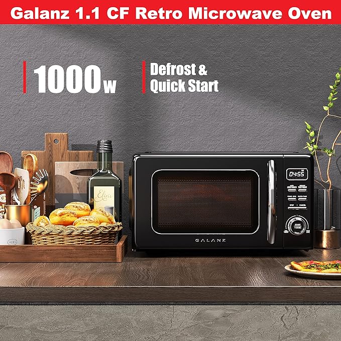 Galanz GLCMKZ11BKR10 Retro Countertop Microwave Oven with Auto Cook & Reheat, Defrost, Quick Start Functions, Easy Clean with Glass Turntable, Pull Handle, 1.1 cu ft, Black
