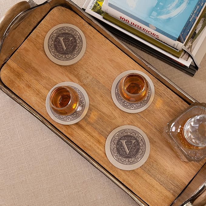 Thirstystone Monogram Letter V Absorbent Sandstone Coaster 4-Pack Manufactured in The USA Decorative, Absorbent, Easily Wipes Clean
