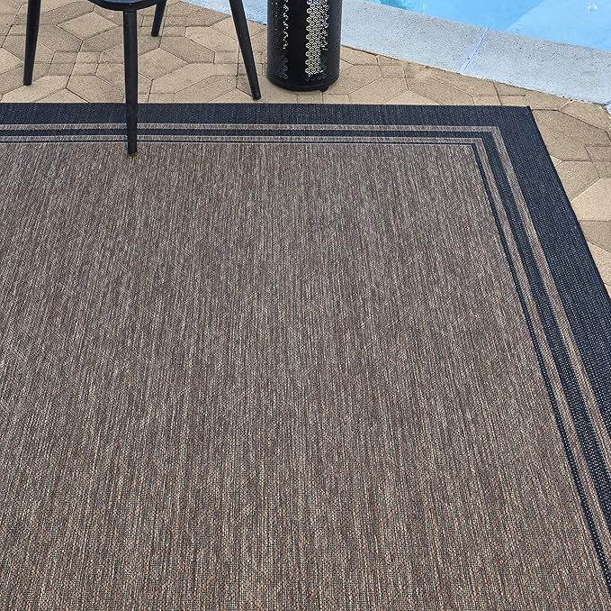Gertmenian Indoor/Outdoor Flatweave Area Rug - 6x9 Medium, Stain & UV Resistant, Ideal for Deck, Patio, Poolside, Mudroom - Simple Border, Black Nut Brown, 22225