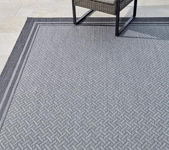 Gertmenian Indoor/Outdoor Flatweave Area Rug - 9x13 Extra Large, Stain & UV Resistant, Ideal For Deck, Patio, Poolside, Mudroom - Simple Border, Silver Grey, 21978