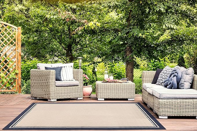 Gertmenian Indoor Outdoor Classic Flatweave Area Rug, Stain & UV Resistant Carpet, Deck, Patio, Poolside & Mudroom, 9x13 Ft Extra Large, Simple Border, Navy Blue, 21979