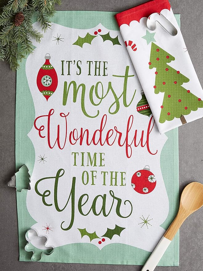 DII Holiday Kitchen Towel Set, Christmas Tea Towels for Baking, Cooking & Entertaining 18x28, Holiday Sayings, 2 Piece