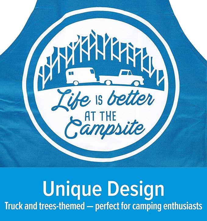 Camco Life is Better at The Campsite Adjustable Apron | Features a Truck and Tree-Themed Design, Made Entirely of Cotton, and is Machine Washable (53258)